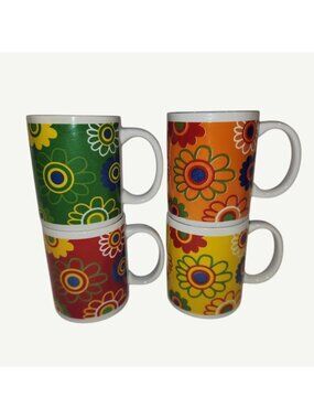 Set Of 4 Colorful Retro Flower Print Ceramic Coffee Mugs 12 oz Capacity